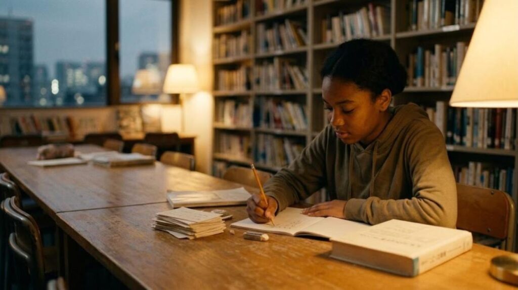 International school student in Tokyo practicing hiragana and katakana in a notebook while studying for IB Japanese ab initio