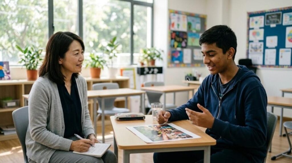 IB student describing a festival photo to a Japanese teacher during IB Japanese ab initio individual oral practice