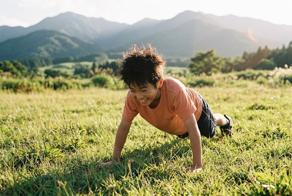 A cheerful boy doing push-ups on a sunny grassy field with mountains behind him