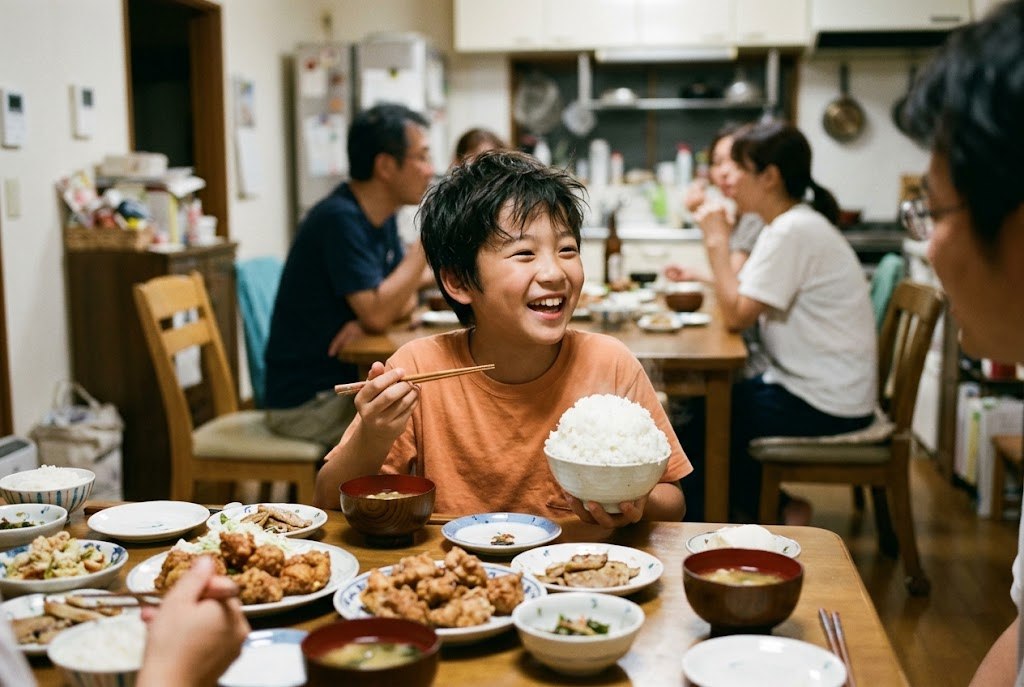 A boy laughing at a family dinner table with a huge bowl of rice