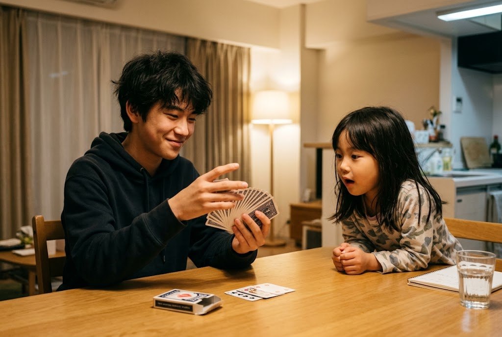 A teenage boy fanning a deck of playing cards for a magic trick while his younger sister watches