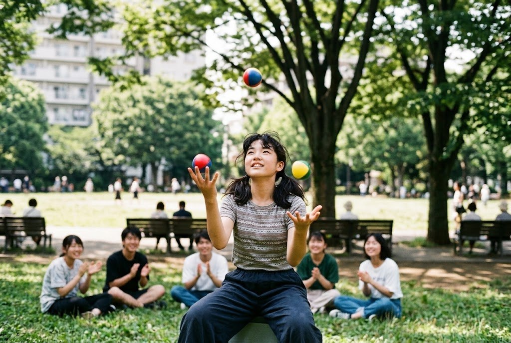 A girl juggling three colorful balls in a sunny park while friends clap