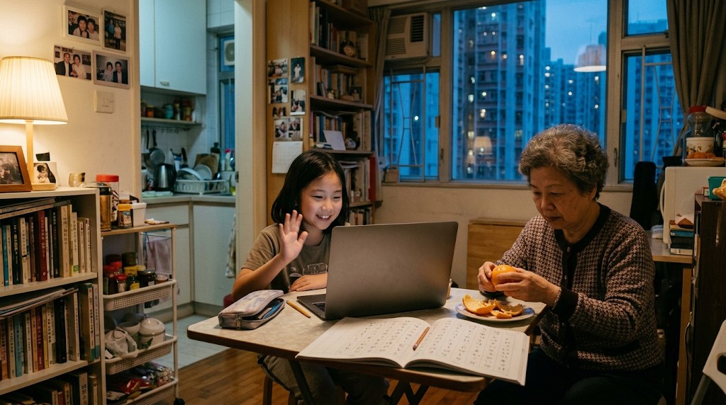 A girl waves at a laptop during an online Japanese class at a dining table in a Hong Kong apartment in the evening, a hiragana workbook beside her and her grandmother peeling an orange