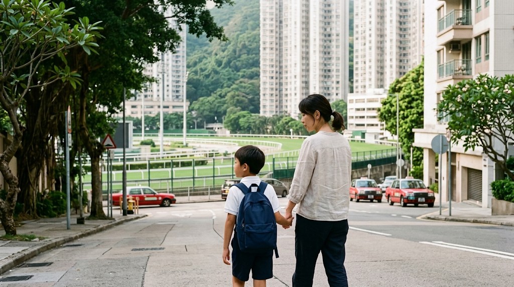 A Japanese mother and her son in a white polo shirt with a navy backpack walk hand in hand along a tree-lined street in Happy Valley, Hong Kong, the racecourse and residential towers behind them in the morning