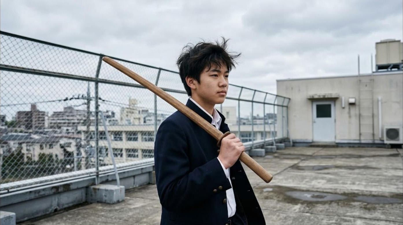 A teenage boy holding a wooden practice sword on a school rooftop under a cloudy sky