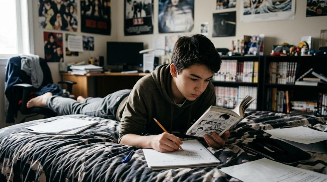 A boy reading a manga volume and writing Japanese words in a notebook on his bed
