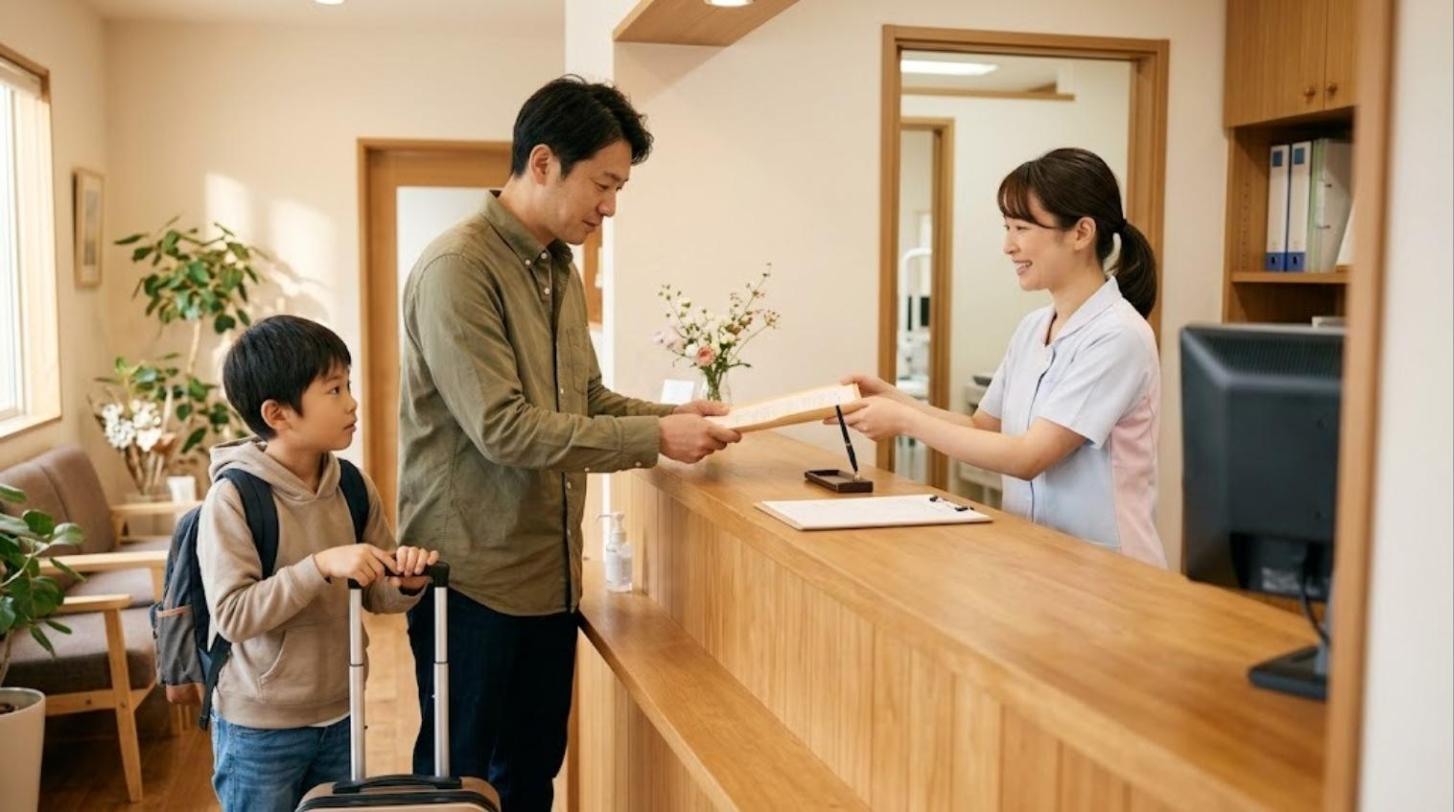木のカウンターがある歯科医院の受付で、父親が書類の入ったファイルを受付の女性に渡し、リュックを背負った男の子がスーツケースの持ち手を握って隣に立っている