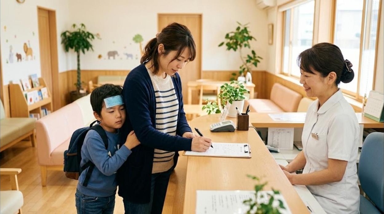 明るい小児科の受付で、母親が問診票を書き、おでこに冷却シートを貼った男の子が母親に寄りかかっている