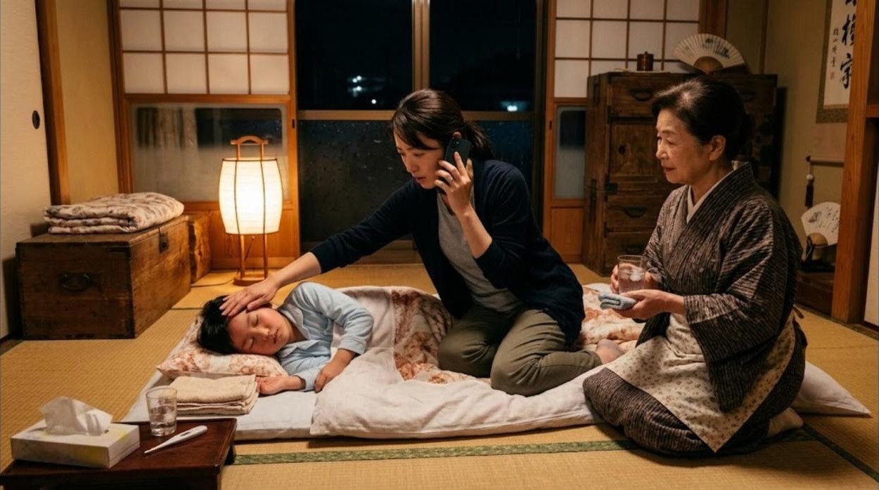 夜の祖父母の家の和室で、布団に寝ている女の子のおでこに母親が手を当てながら電話で相談し、祖母が水の入ったコップを持って見守っている