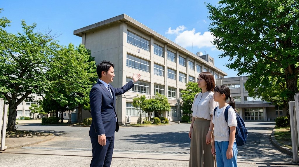 夏の青空の下、私立中学校の校舎の前で、スーツの男性の先生が校舎を手で示して案内し、母親と小学校高学年の女の子が笑顔で話を聞いている