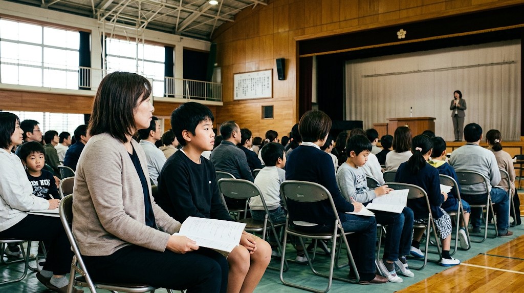 学校の体育館で開かれた説明会で、保護者と子どもたちがパイプ椅子に座り、資料を手に壇上で話す女性の先生を見ている。手前には母親と中学生くらいの男の子