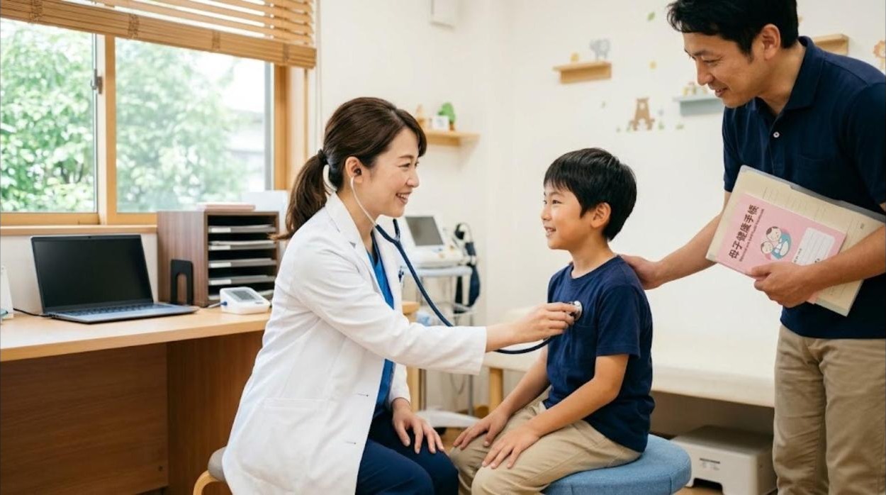 明るい小児科の診察室で、女性医師が小学生の男の子の胸に聴診器を当て、後ろで父親が母子健康手帳を持って見守っている