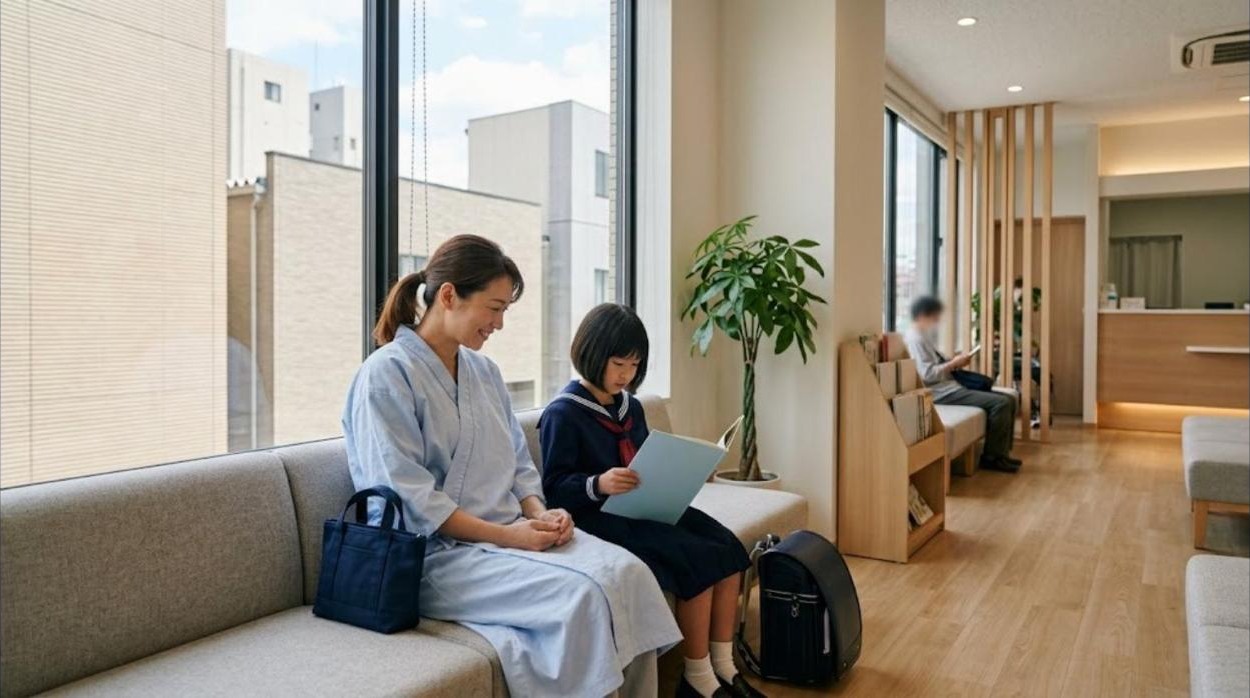 明るい健診センターの待合室で、健診用のガウンを着た母親がソファに座り、隣で娘が本を読んで待っている