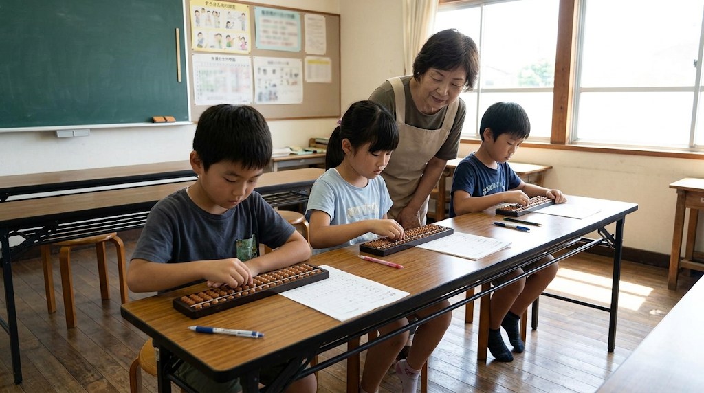 窓から夏の光が入る教室で、小学生3人が長机に並んで木のそろばんをはじき、年配の女性の先生が後ろからやさしくのぞき込んでいる
