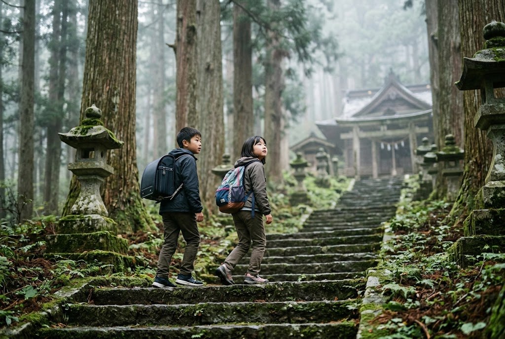 A boy and a girl climbing moss-covered stone steps toward a shrine in a misty cedar forest
