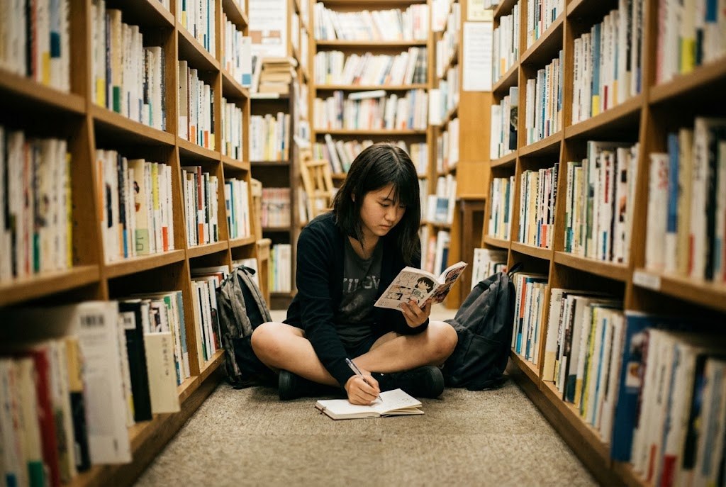 A girl reading a comic book on a library floor and writing Japanese words in a notebook