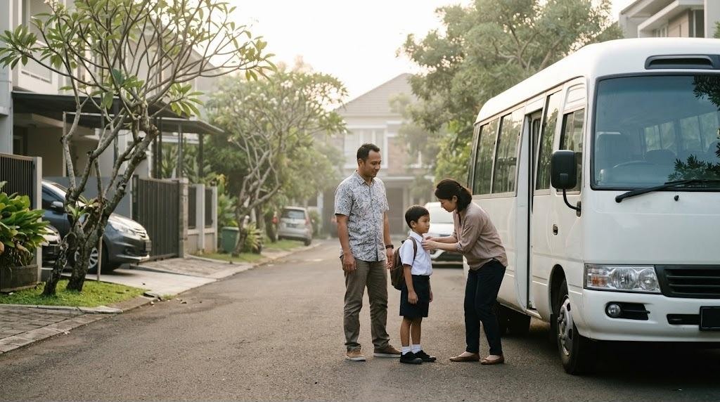 An Indonesian father and a Japanese mother see their son in a white shirt off beside a white school minibus on a quiet housing-estate street near Jakarta at sunrise