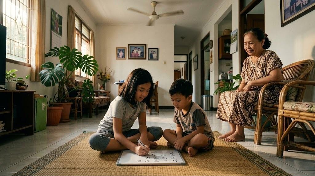 An Indonesian-Japanese girl and her younger brother practise katakana on a small whiteboard on a woven mat in a Jakarta living room while their grandmother watches from a rattan chair