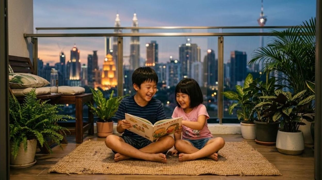 A brother and sister sit on a rattan mat on a Kuala Lumpur condo balcony at dusk, laughing over a Japanese picture book with the city skyline behind them