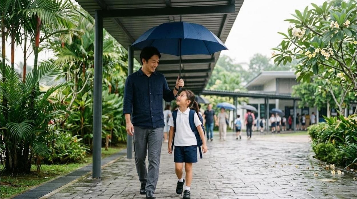 A father holds an umbrella over his daughter in a white polo shirt as they walk under a covered walkway lined with palms toward a school in suburban Kuala Lumpur in light morning rain