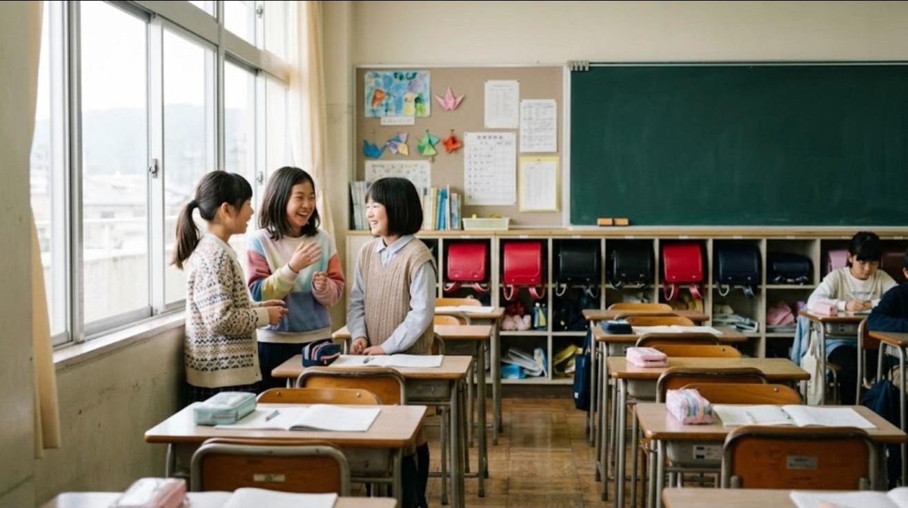 日本の公立小学校の明るい教室で、休み時間に帰国した女の子が窓際で同級生2人と笑いながら話している様子