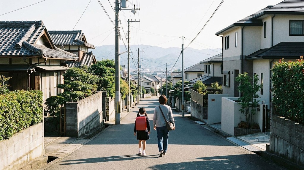 関西の住宅街の坂道を、ランドセルを背負った娘と母親が並んで歩く朝の様子
