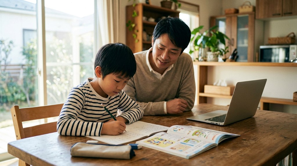 自宅のテーブルで字の練習をする男の子と、横で見守る父親