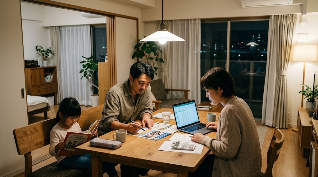 夜のリビングで、日本人の両親がインターナショナルスクールのパンフレットとノートパソコンの学費表、電卓を広げて比べ、隣で娘が日本語の絵本を読んでいる様子