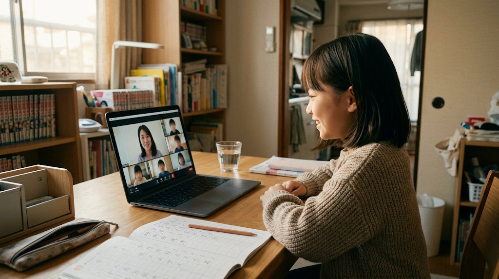 自宅の机で、小学生の女の子がノートパソコンのビデオ通話で、日本人の先生や同世代の子どもたちと笑顔で話し、手元に漢字の練習帳がある午後の様子