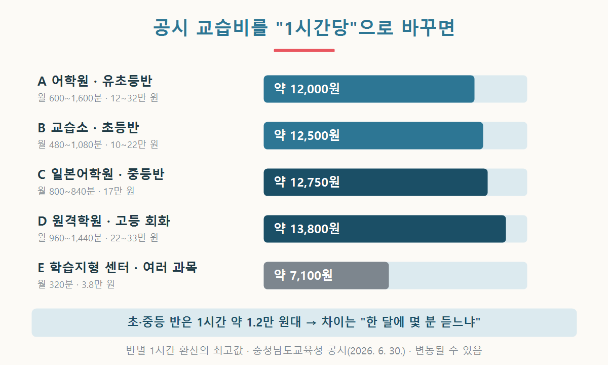 천안 일본어 학원과 교습소의 공시 교습비를 1시간당으로 환산하면 유초등반 약 1만 2천 원, 초등반 약 1만 2천5백 원, 중등반 약 1만 2천7백50원, 고등 원격 회화 약 1만 3천8백 원, 학습지형 센터 약 7천1백 원이라는 막대 그래프