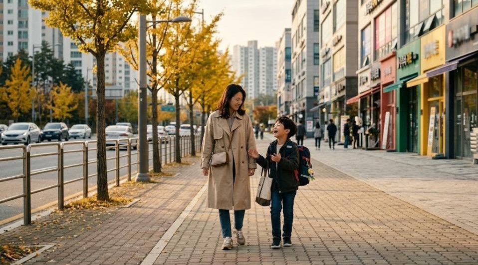 노란 은행잎이 물든 천안 신도시 거리에서 책가방을 멘 초등학생 아들과 웃으며 이야기하며 하교하는 한국 어머니
