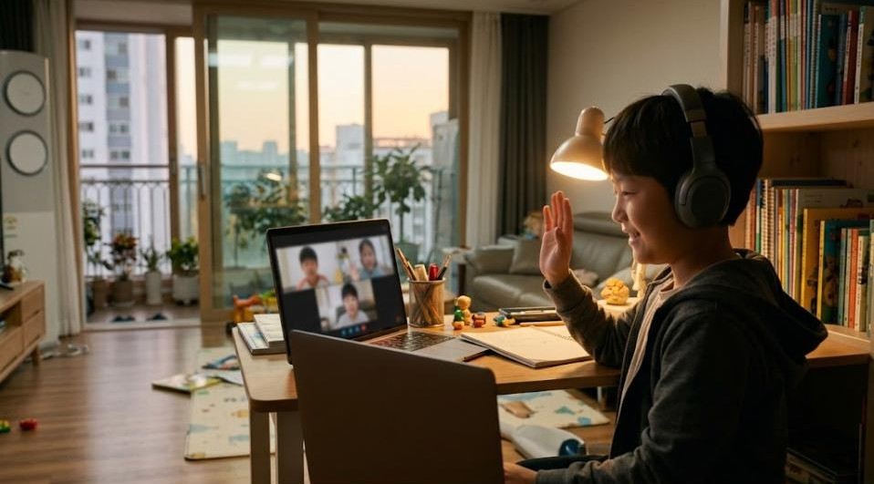 방과 후 거실 책상에서 노트북 화면 속 또래 친구들과 이야기하며 웃는 한국 초등학생 남자아이