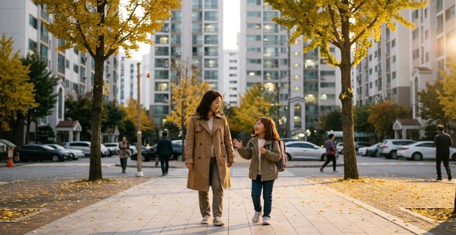 노란 은행잎이 떨어진 청주 아파트 단지 길을 책가방을 멘 초등학생 딸과 웃으며 걷는 한국 어머니
