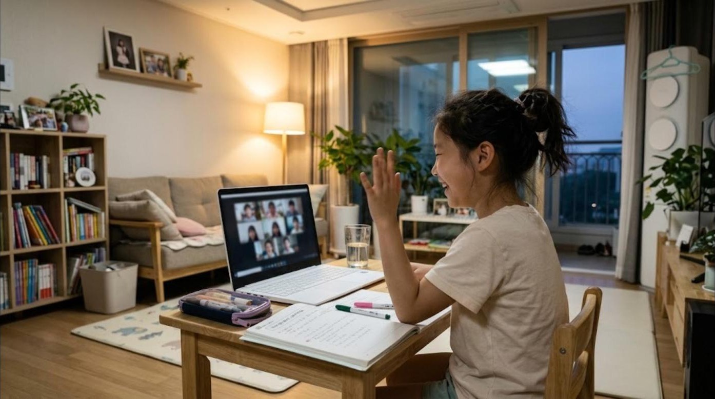 저녁 거실 책상에서 노트북 화면 속 또래 친구들에게 손을 흔들며 웃는 한국 초등학생 여자아이