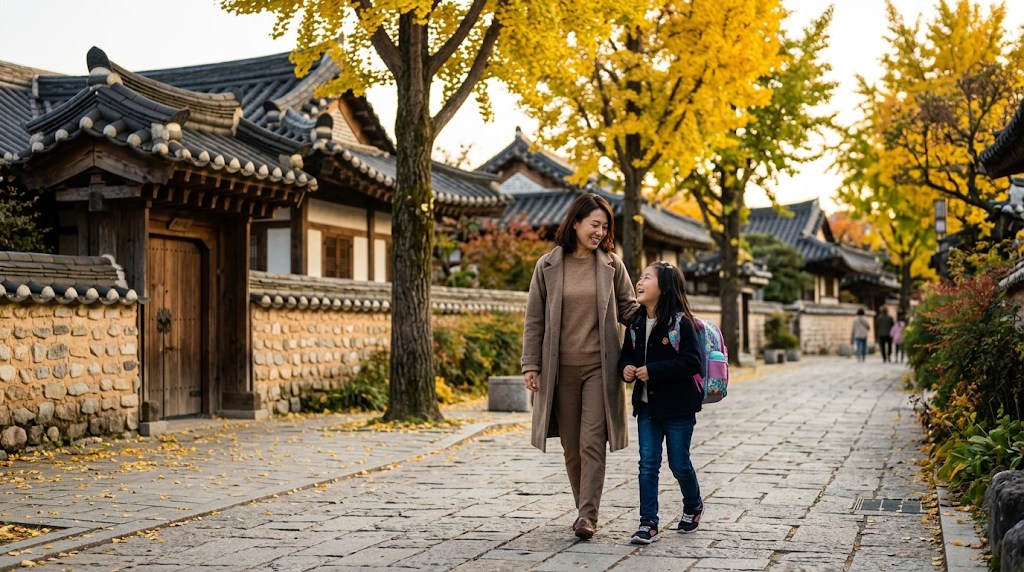 노란 은행잎이 물든 전주 한옥마을 돌길을 책가방을 멘 초등학생 딸과 웃으며 걷는 한국 어머니