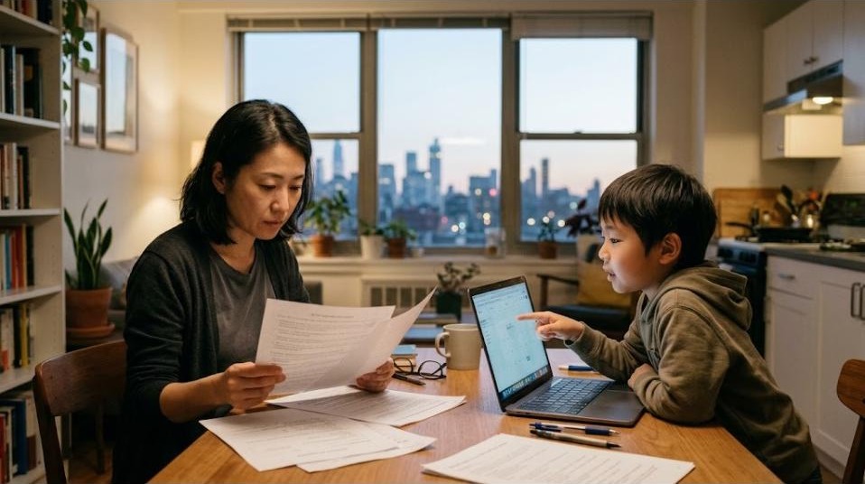 夕方の海外のアパートで、母親が附属小学校の募集要項の書類を読み、隣で男の子がノートパソコンの日程を指さしている様子