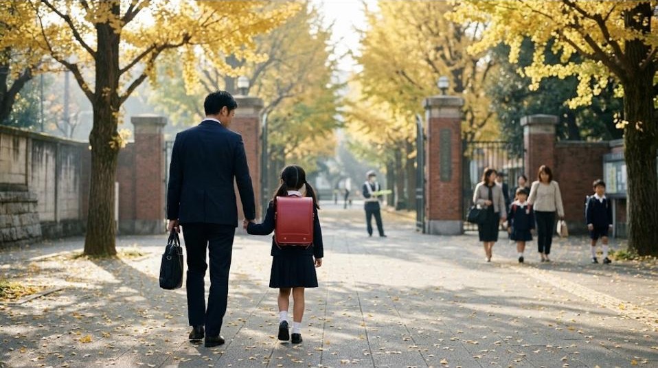 黄色く色づいたイチョウ並木の朝、スーツ姿の父親と赤いランドセルの娘が手をつないで附属小学校の門へ歩いていく後ろ姿