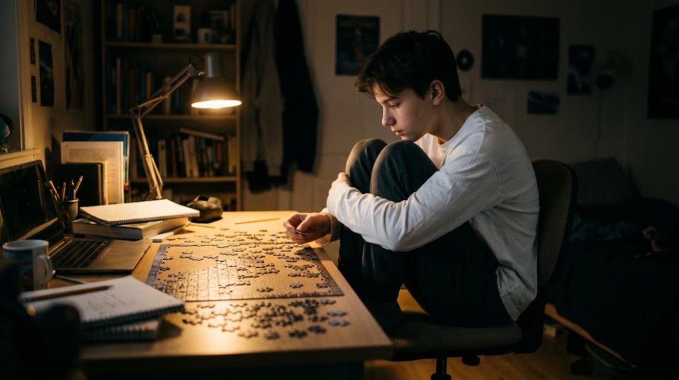 A teenager sitting with knees up on a desk chair, studying a jigsaw puzzle under a lamp