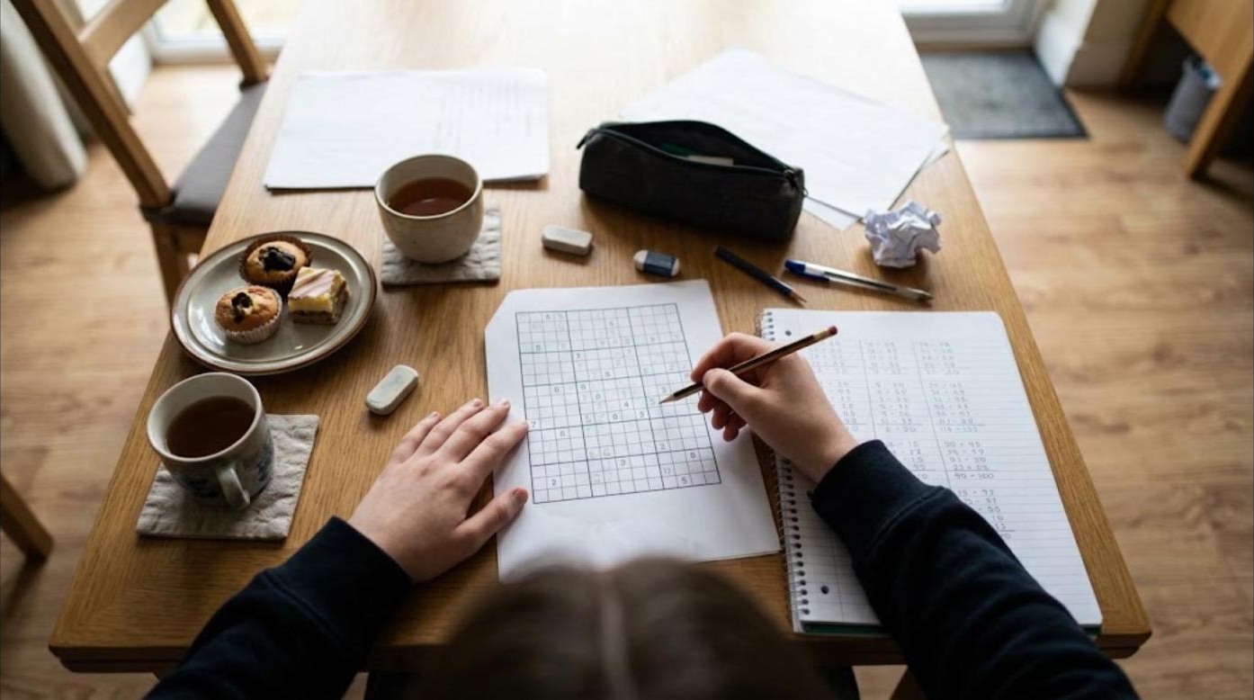 A student solving a logic puzzle and writing Japanese numbers in a notebook