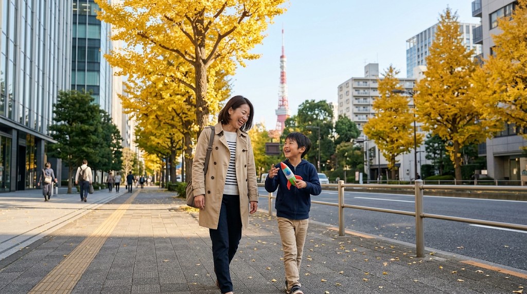 秋の朝、イチョウ並木の歩道を、模型のロケットを持った小学生の男の子と母親が笑いながら歩いている様子