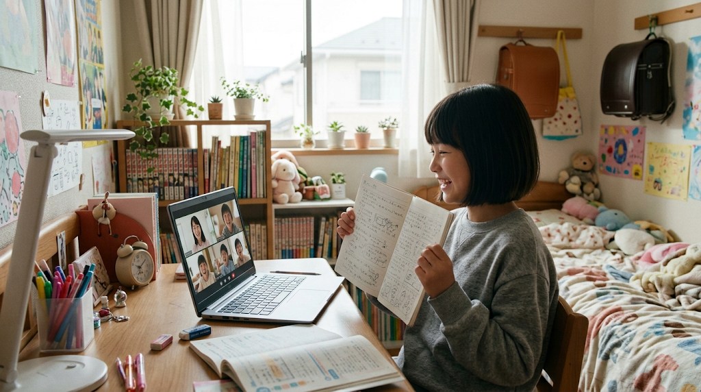 土曜の午後、子ども部屋の机で小学生の女の子がノートパソコンのオンライン日本語クラスで日本の同世代の子どもたちとノートを見せ合って笑っている様子