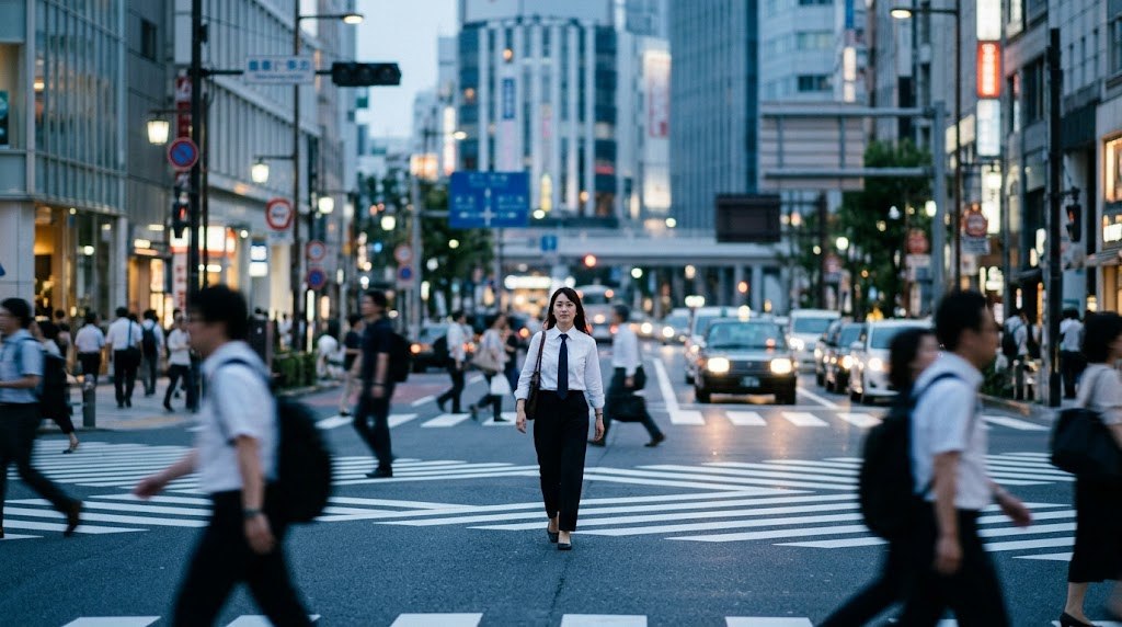A young woman in a white shirt and dark tie walking calmly through a city crosswalk at dusk