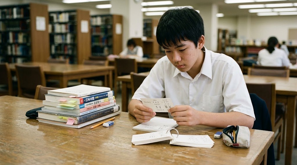 A student practising polite Japanese phrases on flashcards at a library table