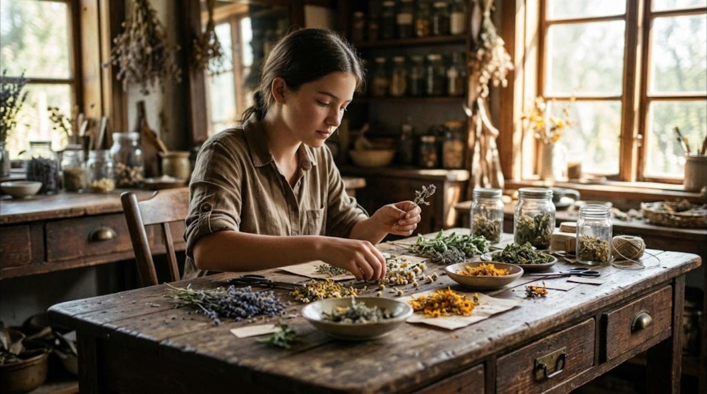 A teenage girl sorting dried herbs and flowers on a wooden table in warm window light