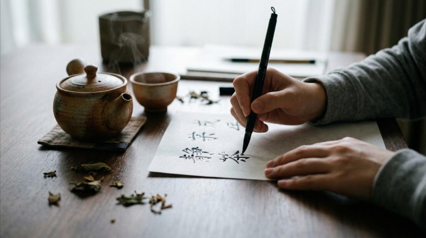 A girl writing Japanese kanji with a brush pen next to a pot of herbal tea