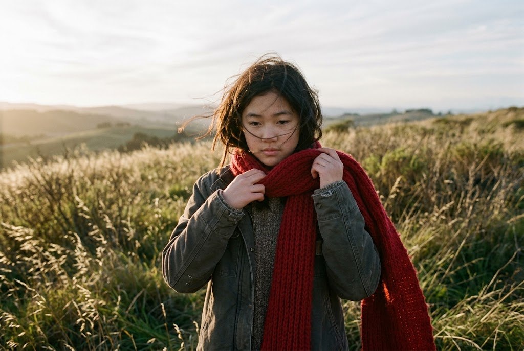 A teenage girl wrapping a long red scarf around her neck on a windy grassy hill at golden hour