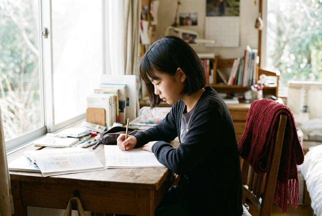 A girl writing Japanese kanji in a notebook at a desk by a bright window