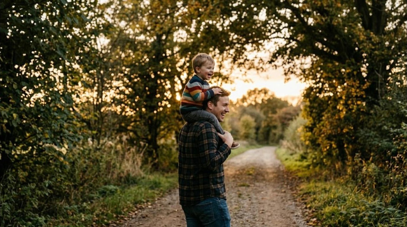 A young father carrying his small son on his shoulders along a quiet path at sunset