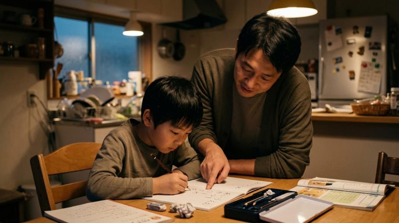 A boy practising Japanese hiragana in a notebook while his father watches