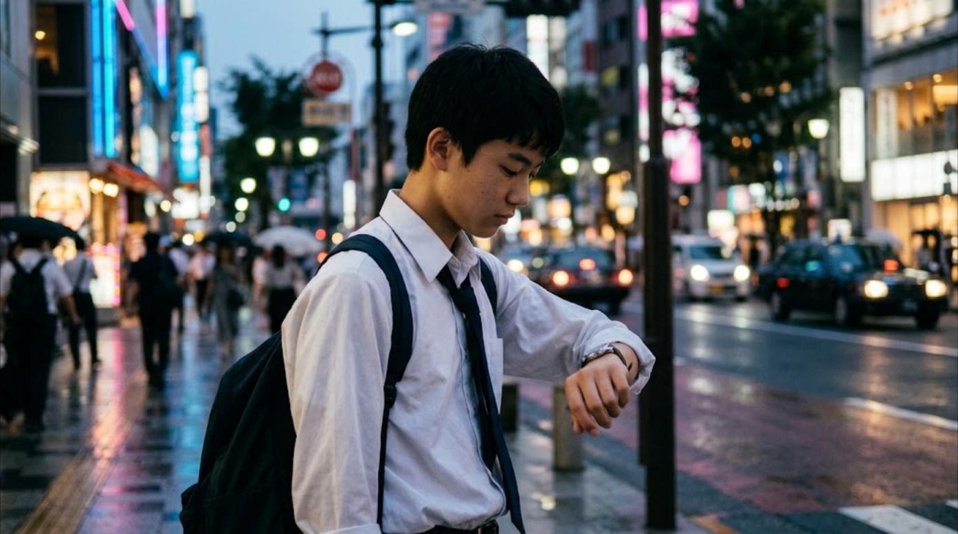 A teenage boy in a shirt and tie checking his wristwatch on a city street in the evening